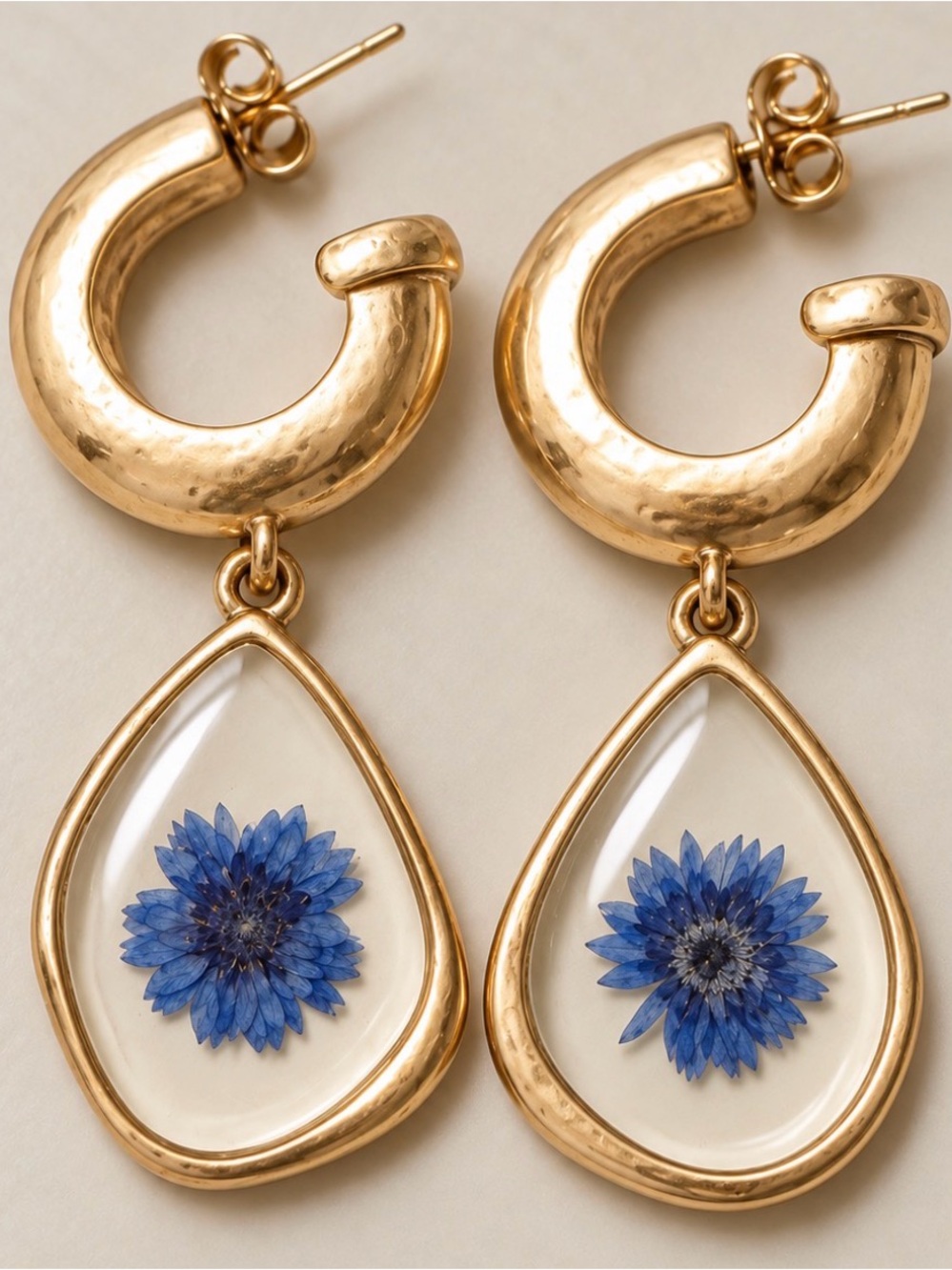 Bella Uno Worn Gold Blue Pressed Flower Charm Hoop Earrings